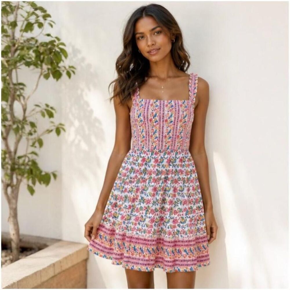 Playa Lucila Smocked Cotton Sundress NWT Boho Floral Mini Size S